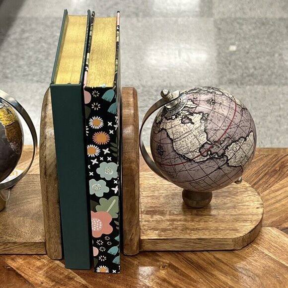 Mini Globe Wooden Bookends Set of 2 Mixed Pair World Map Multicolored India NWT - Picture 8 of 10